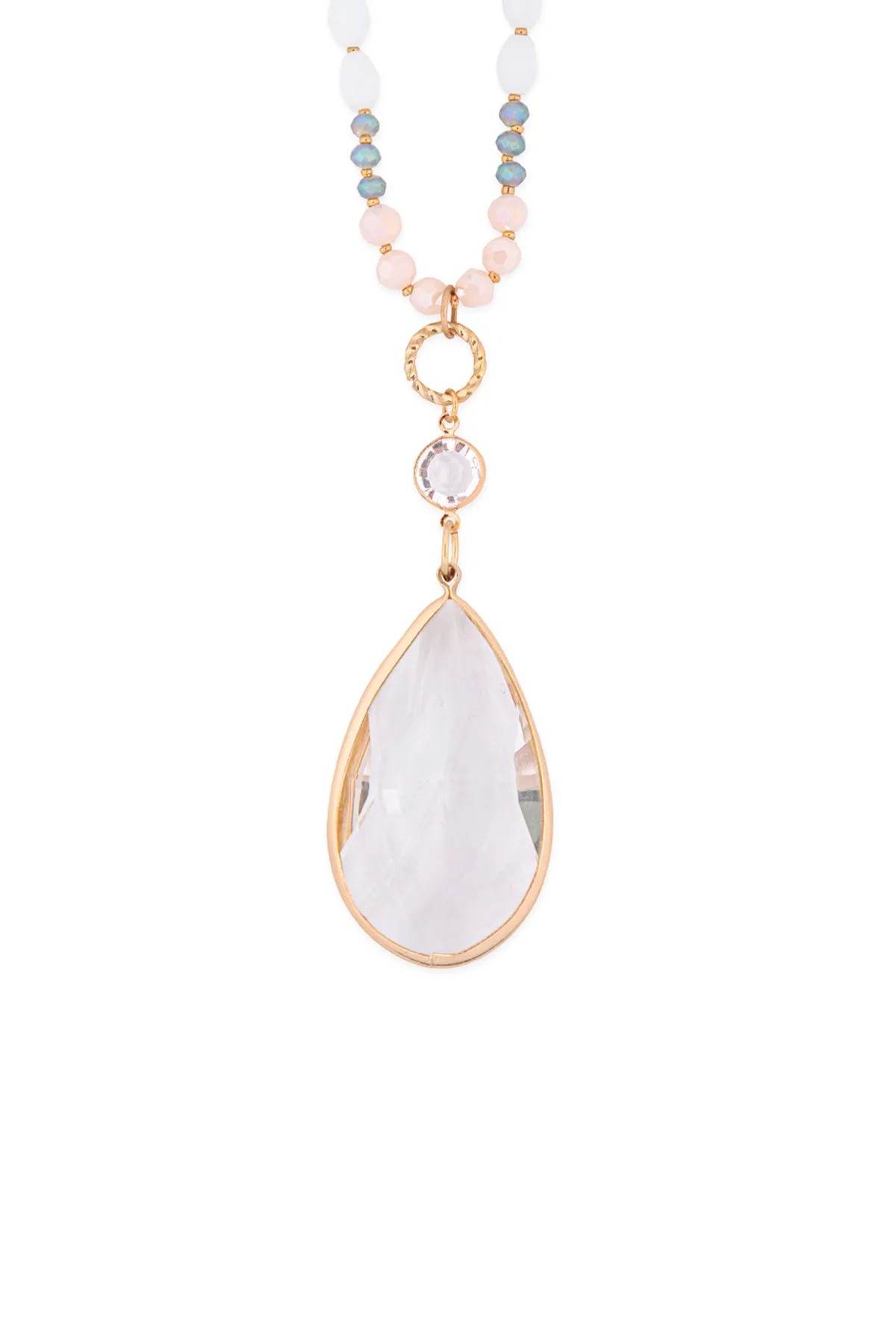 GLASS BEADS LONG NECKLACE WITH CRYSTAL TEARDROP PENDANT