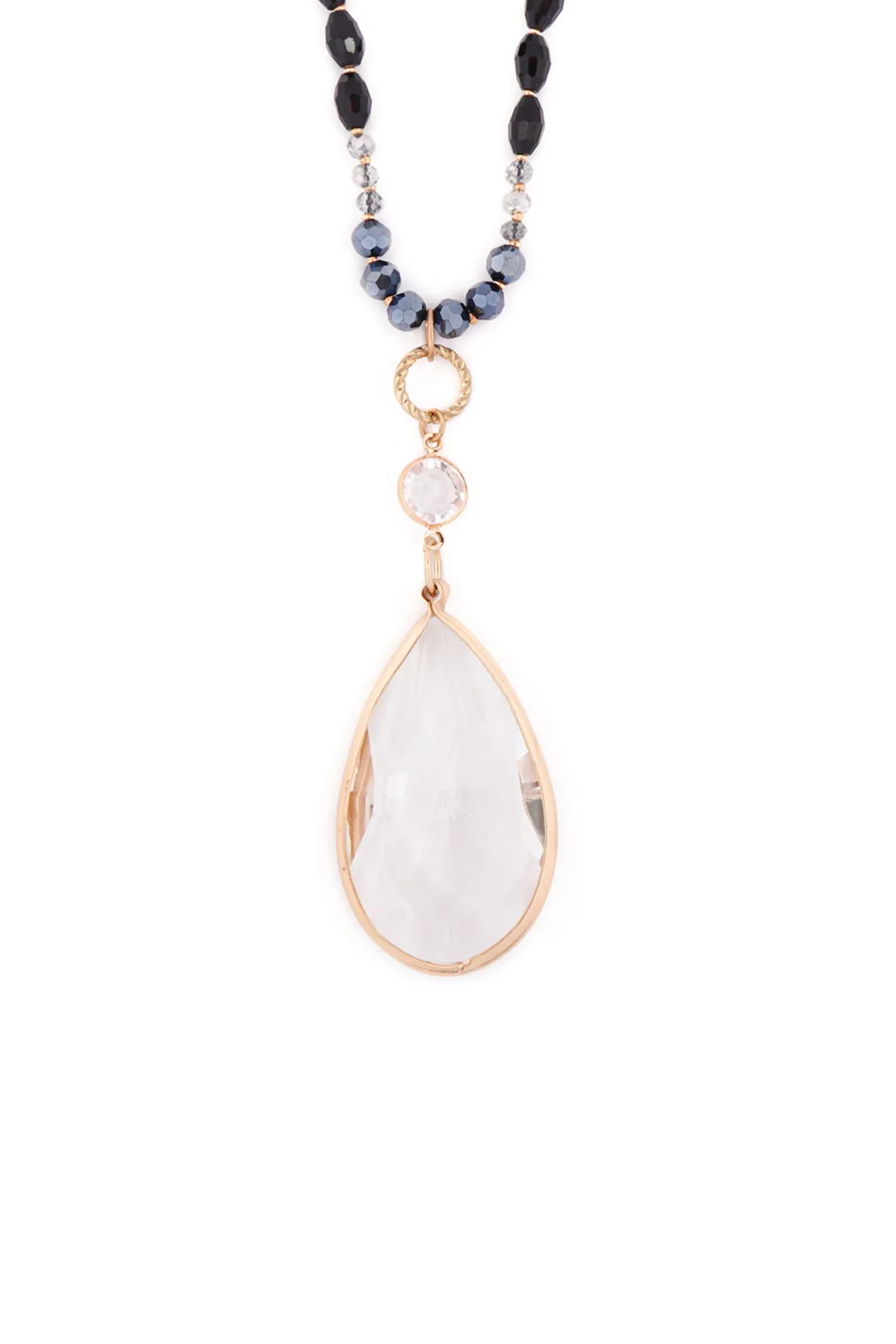 GLASS BEADS LONG NECKLACE WITH CRYSTAL TEARDROP PENDANT