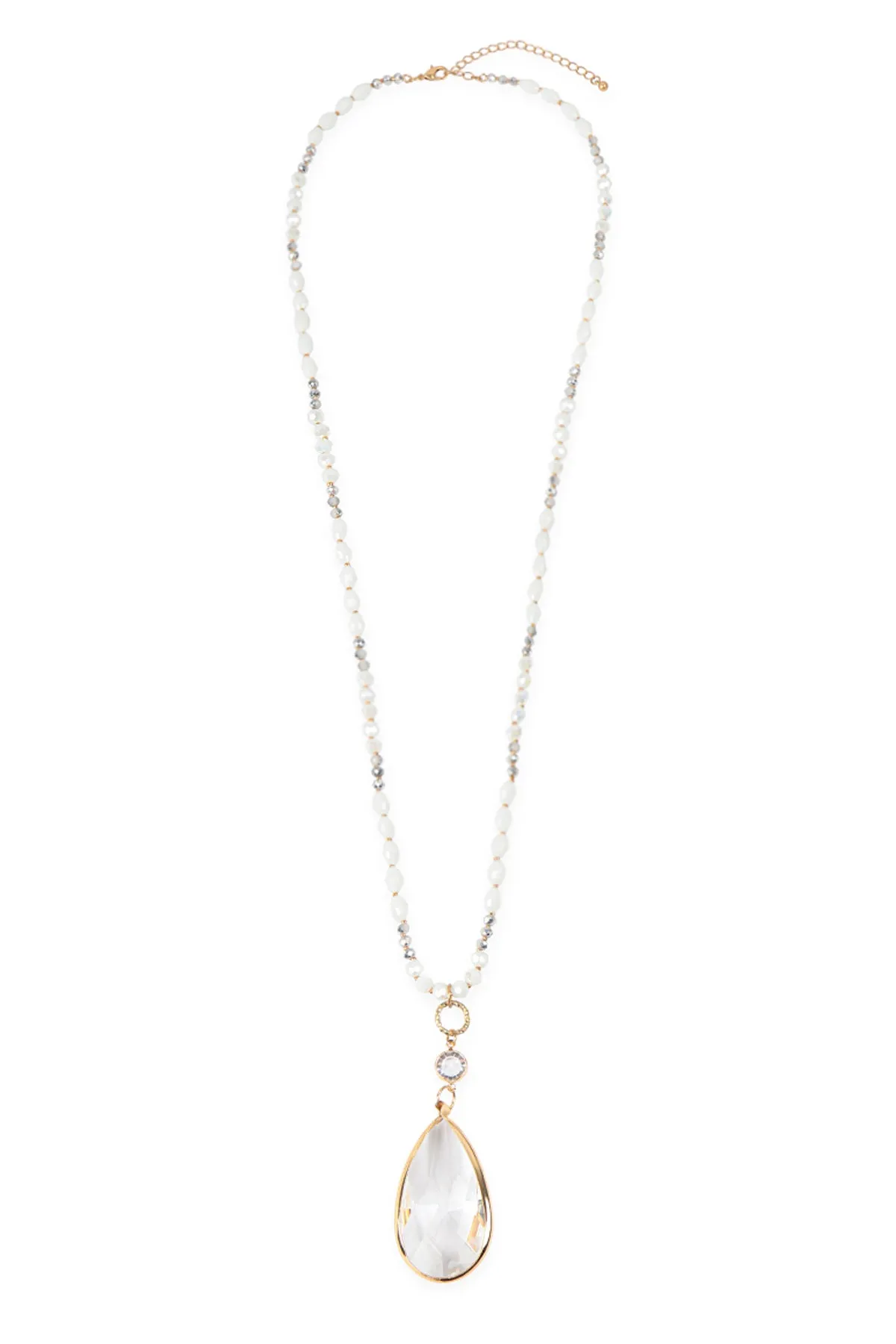 GLASS BEADS LONG NECKLACE WITH CRYSTAL TEARDROP PENDANT