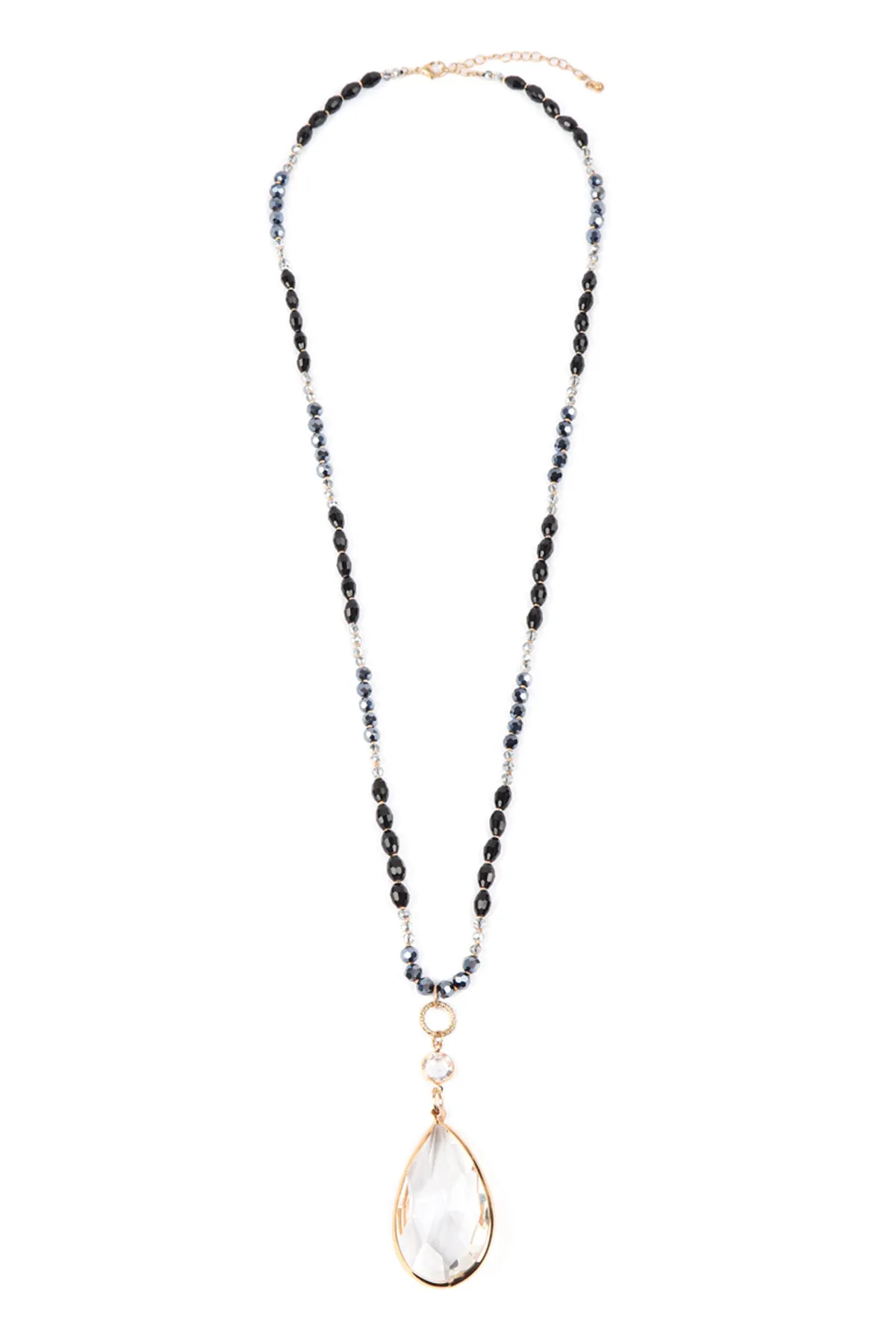 GLASS BEADS LONG NECKLACE WITH CRYSTAL TEARDROP PENDANT