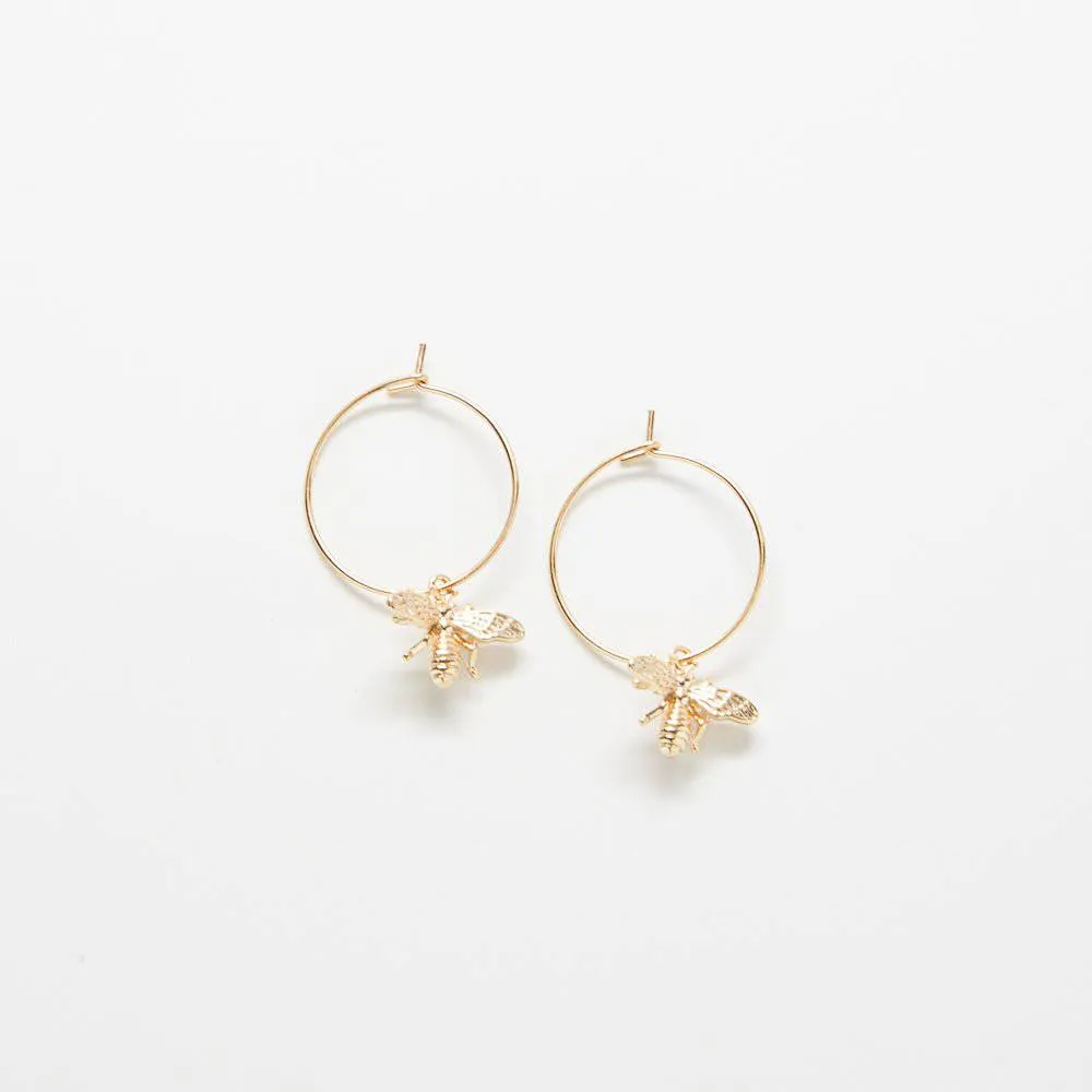 Gold Bee Hoop Drop Earrings