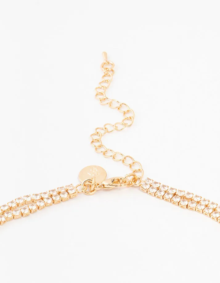 Gold Cubic Zirconia 2 Layered Pear Stone Necklace