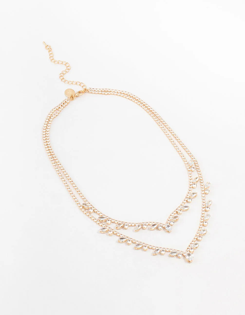Gold Cubic Zirconia 2 Layered Pear Stone Necklace