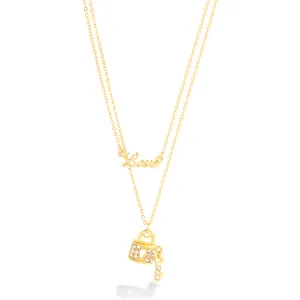 GOLD DOUBLE ROWS CHAIN WITH LITTLE LOCK AND LOVE PENDANT NECKLACE  #HNN82241 (TE7)
