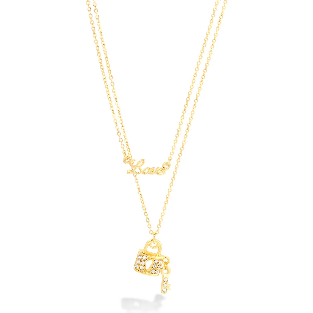 GOLD DOUBLE ROWS CHAIN WITH LITTLE LOCK AND LOVE PENDANT NECKLACE  #HNN82241 (TE7)