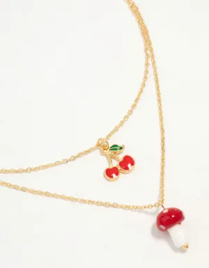 Gold Plated Cherry & Mushroom Layered Necklace