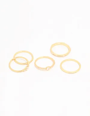 Gold Plated Cubic Zirconia Plain & Heart Stacking Rings 5-Pack