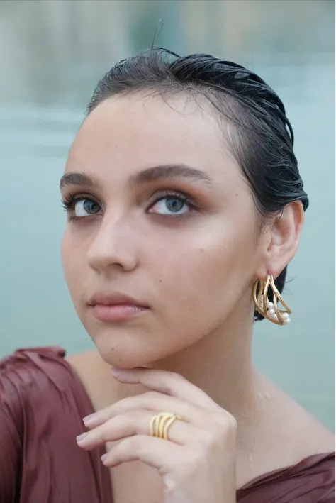 GOLD PLATED STATEMENT WAVES HOOPS WITH PEARL