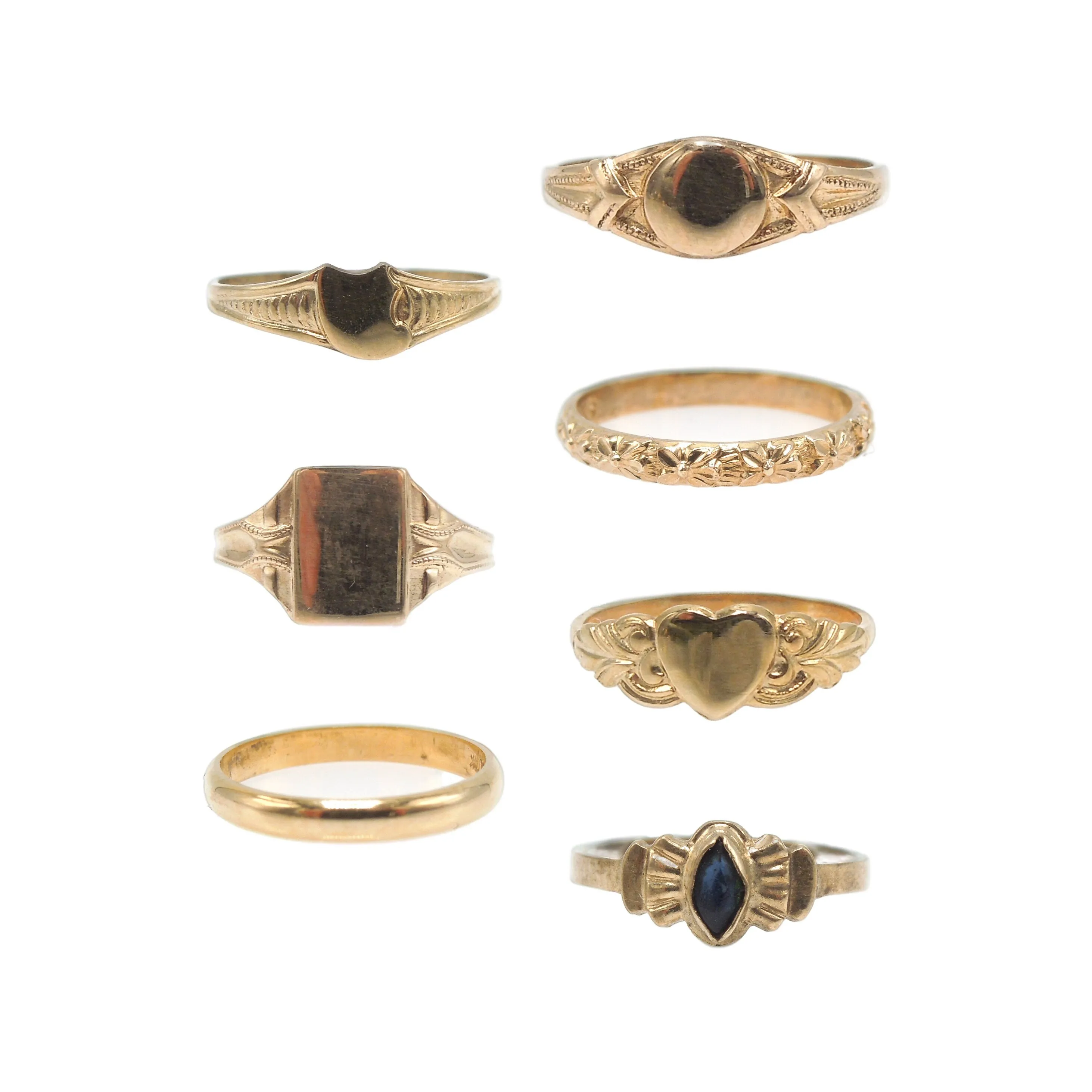 Group of 10K Yellow Gold Baby Rings - Half Round, Signet, Sapphire, Heart, Floral Motif