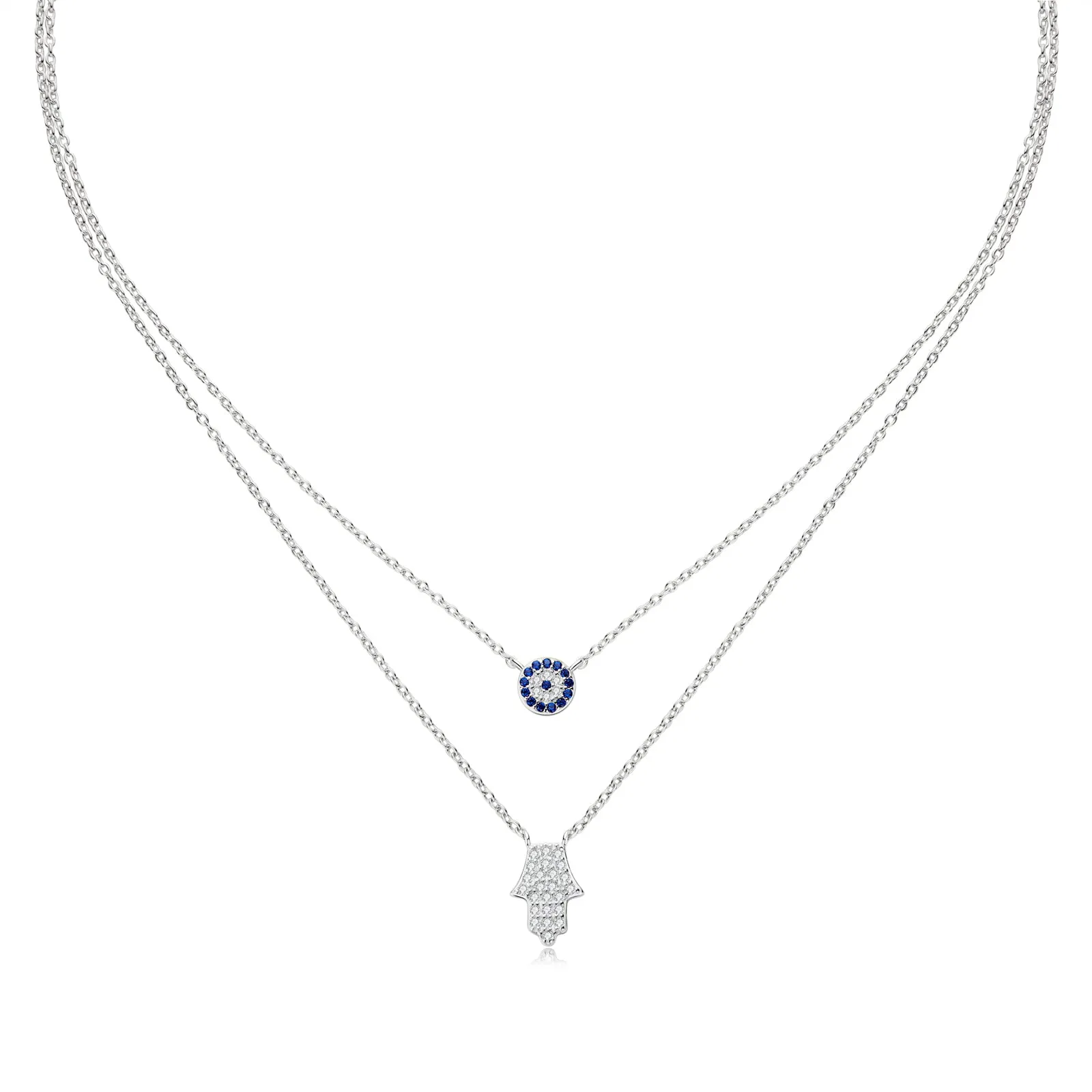 Hamsa Hand and Evil Eye Dainty Double Layered Necklace