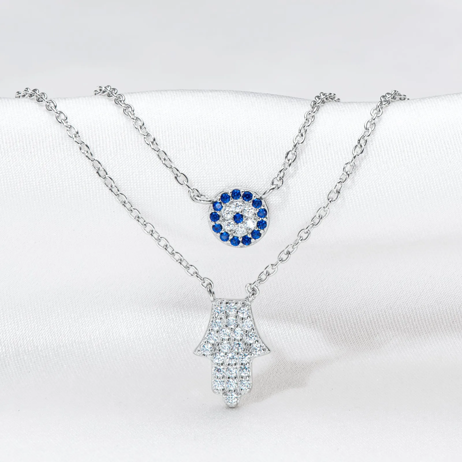 Hamsa Hand and Evil Eye Dainty Double Layered Necklace