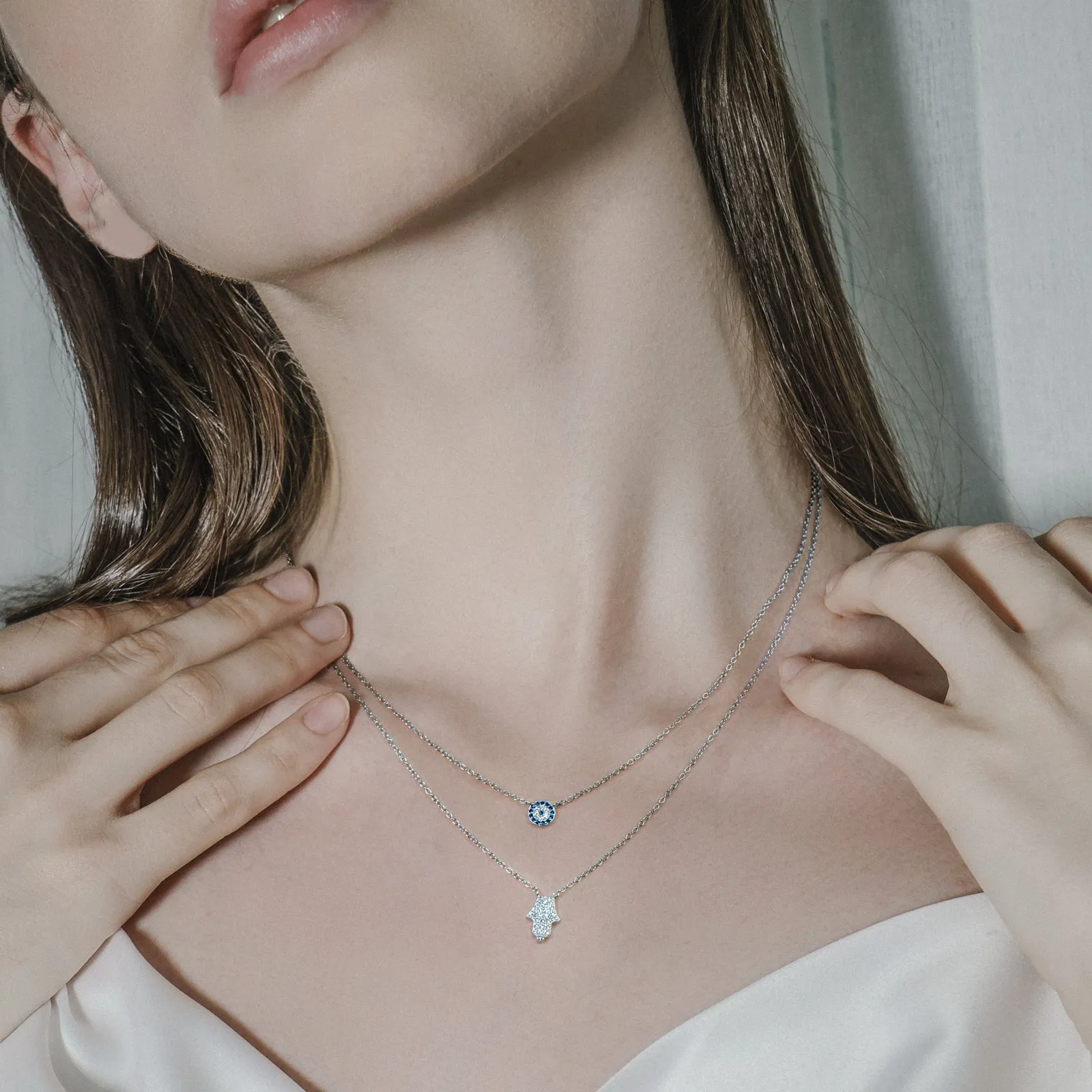 Hamsa Hand and Evil Eye Dainty Double Layered Necklace