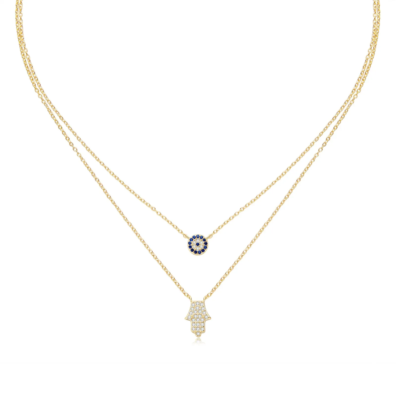 Hamsa Hand and Evil Eye Dainty Double Layered Necklace