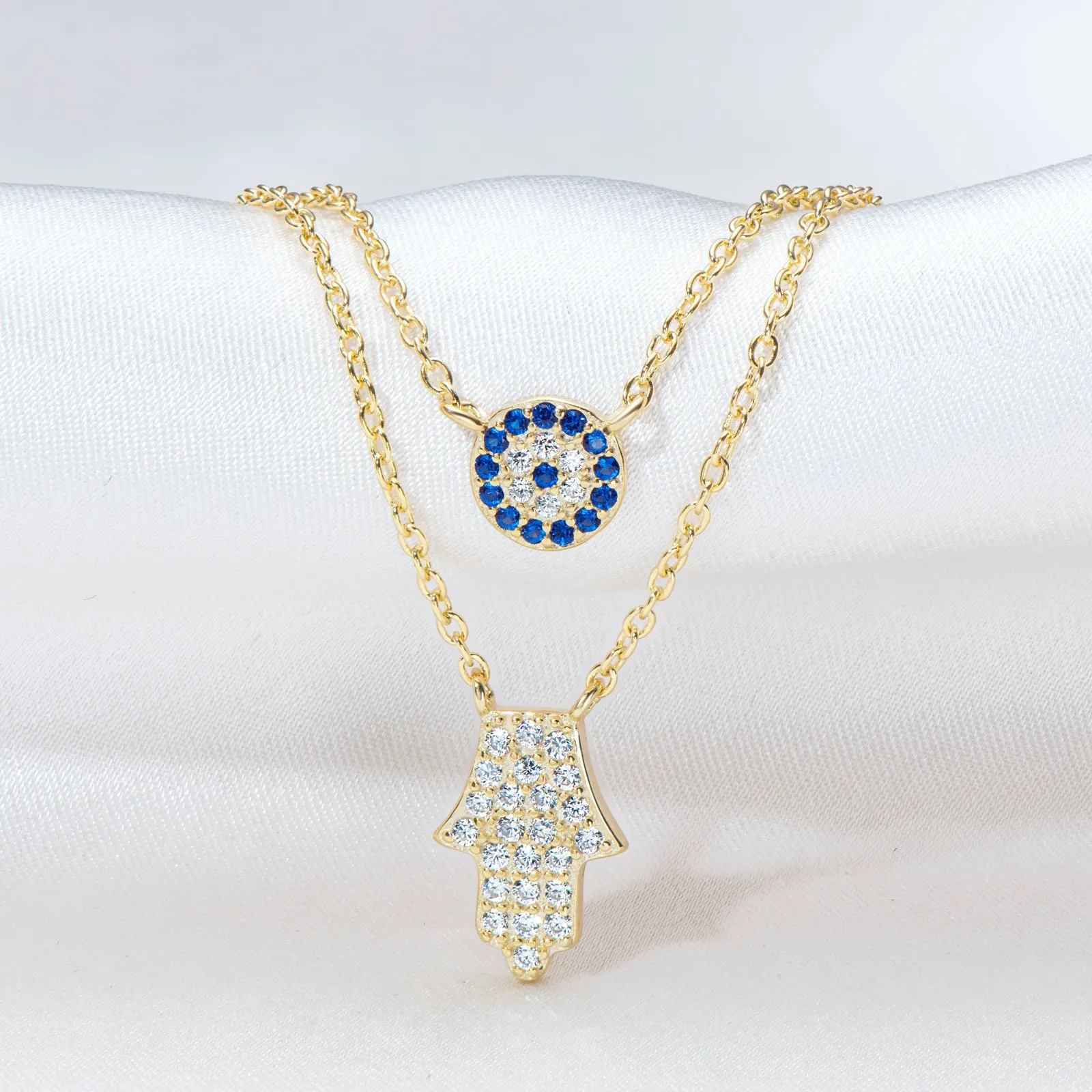 Hamsa Hand and Evil Eye Dainty Double Layered Necklace