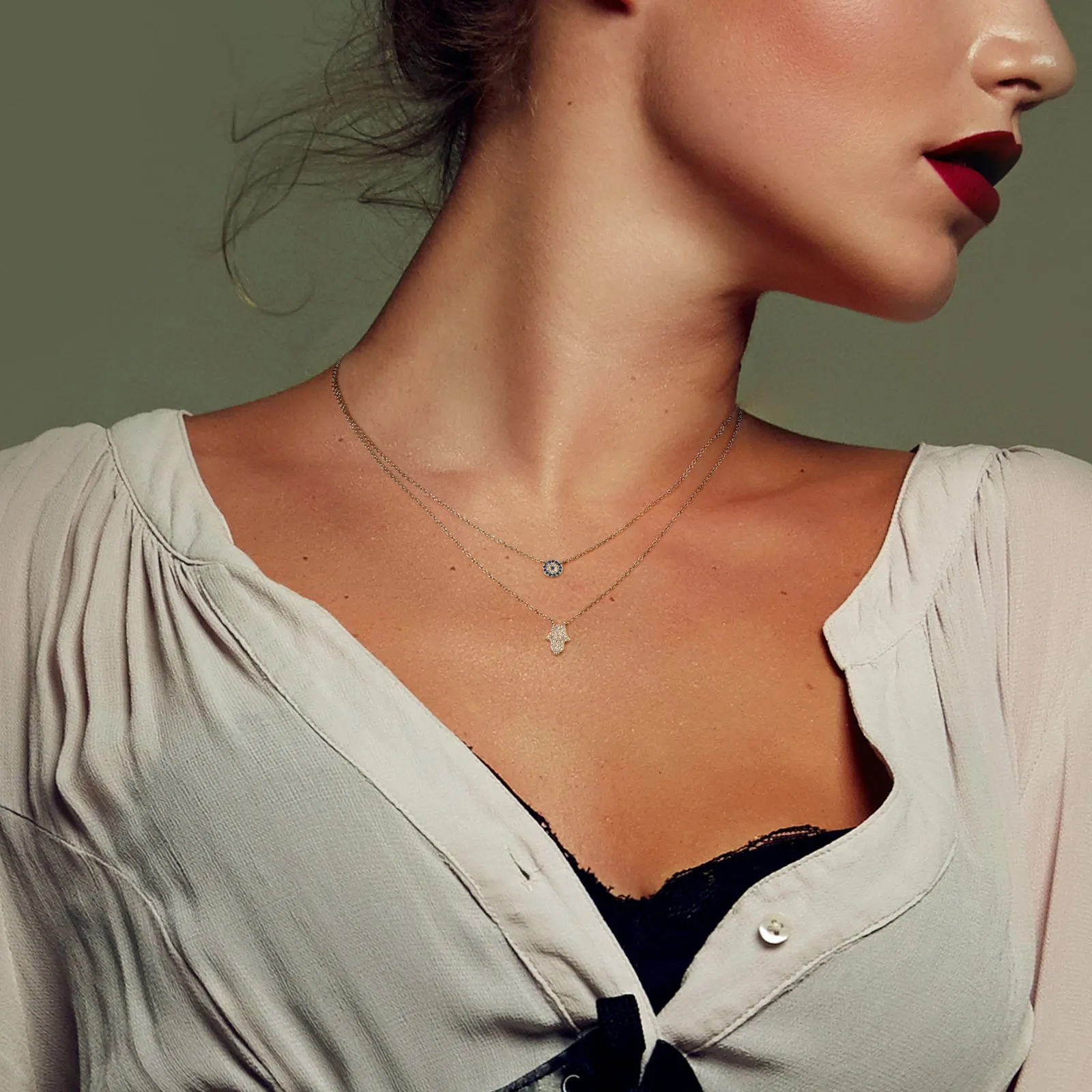 Hamsa Hand and Evil Eye Dainty Double Layered Necklace