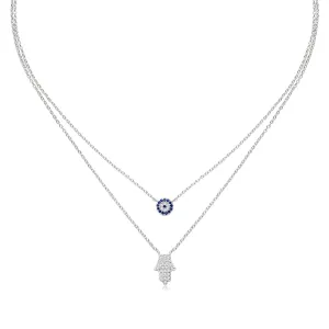 Hamsa Hand and Evil Eye Dainty Double Layered Necklace