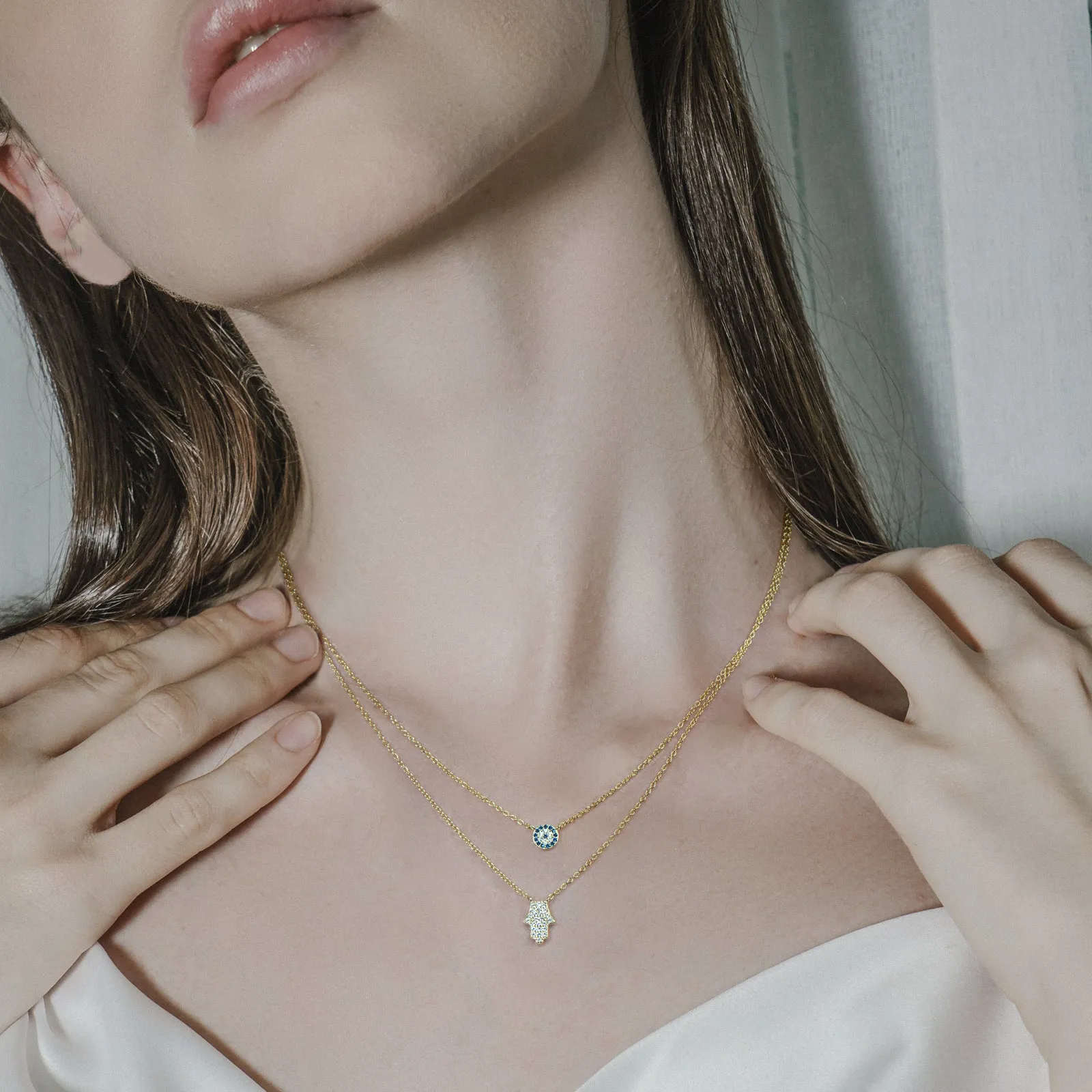 Hamsa Hand and Evil Eye Dainty Double Layered Necklace