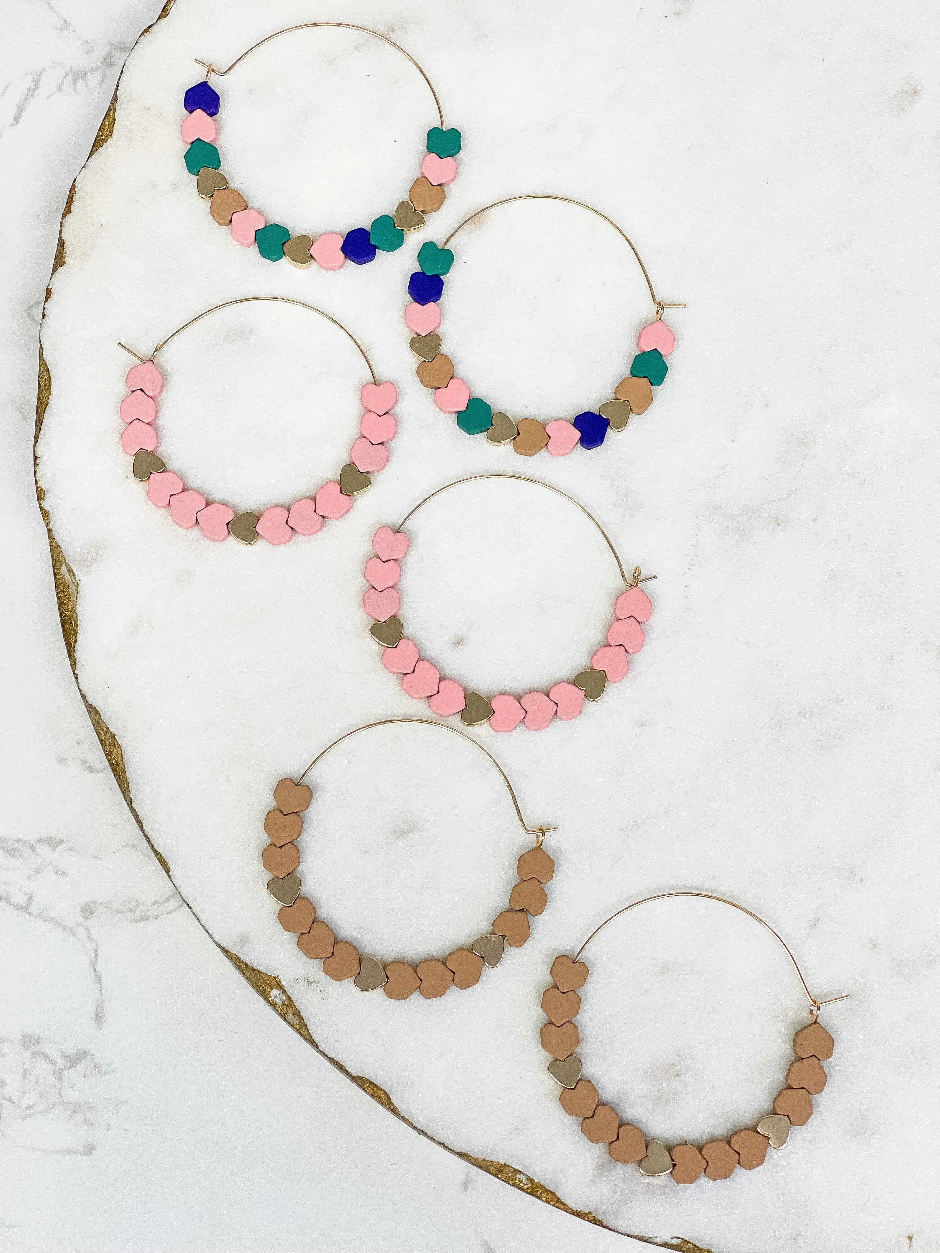 Heart-Bead Chevron Hoop Earrings - Pink
