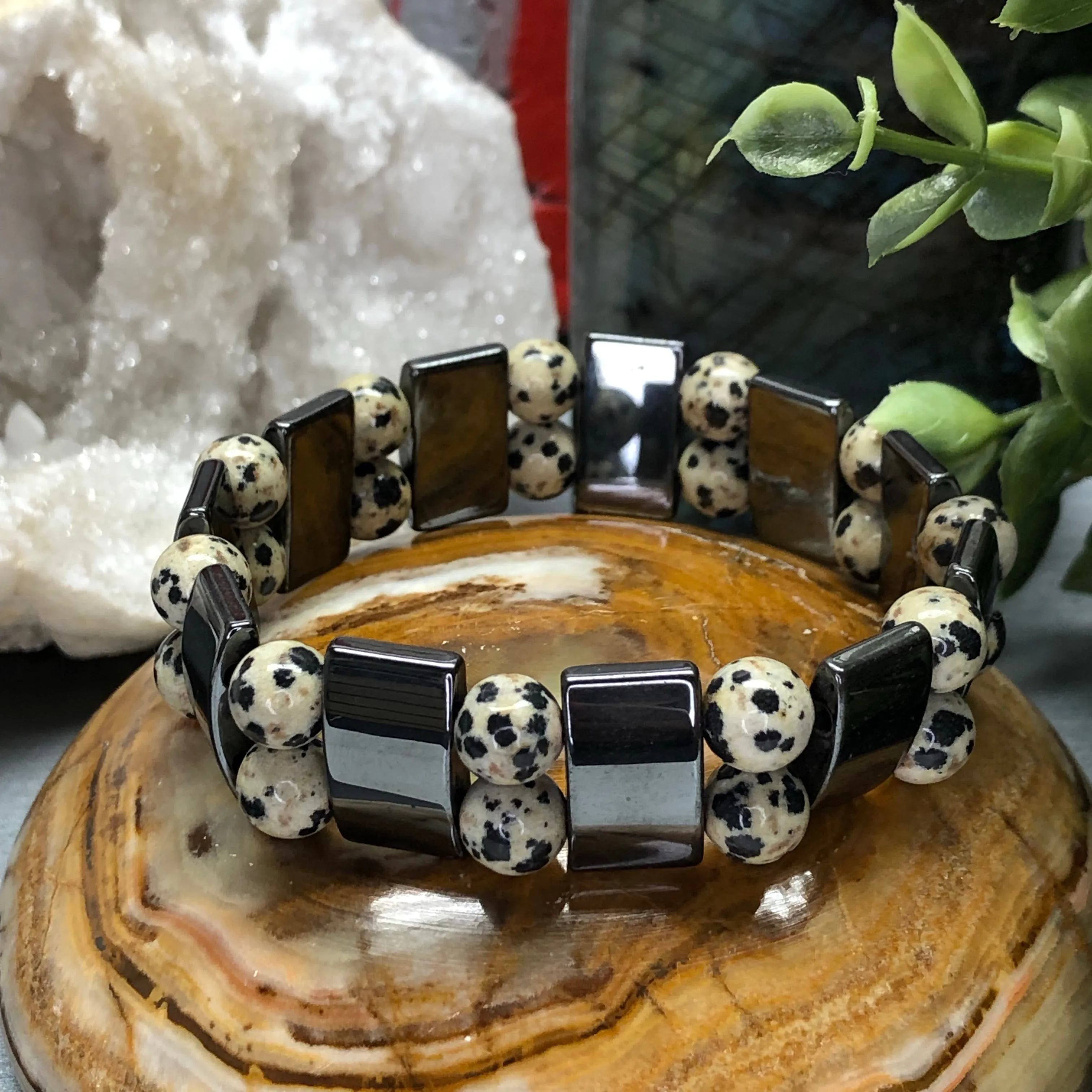 Hematite and Dalmatian Jasper Bracelet- Dalmatian