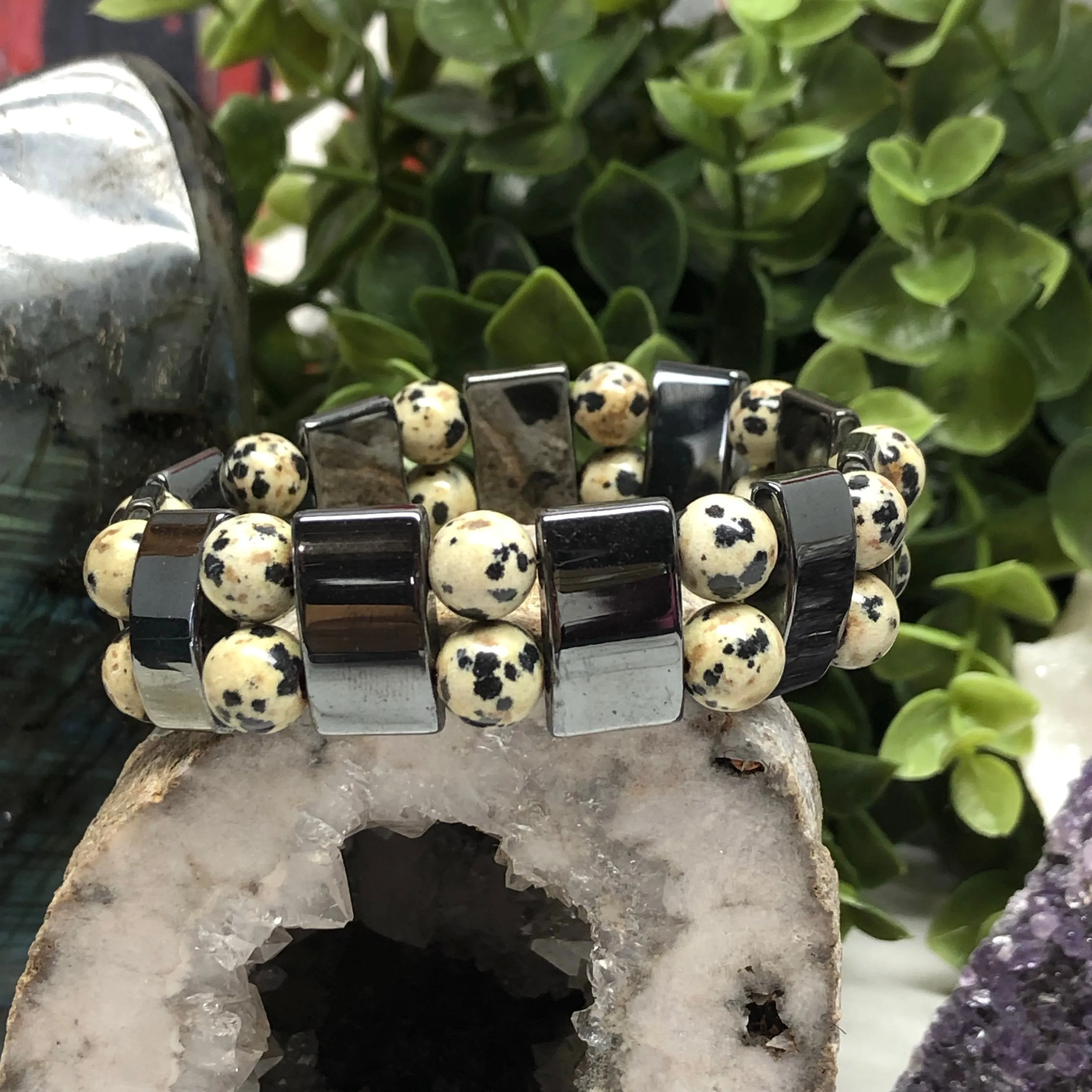 Hematite and Dalmatian Jasper Bracelet- Dalmatian