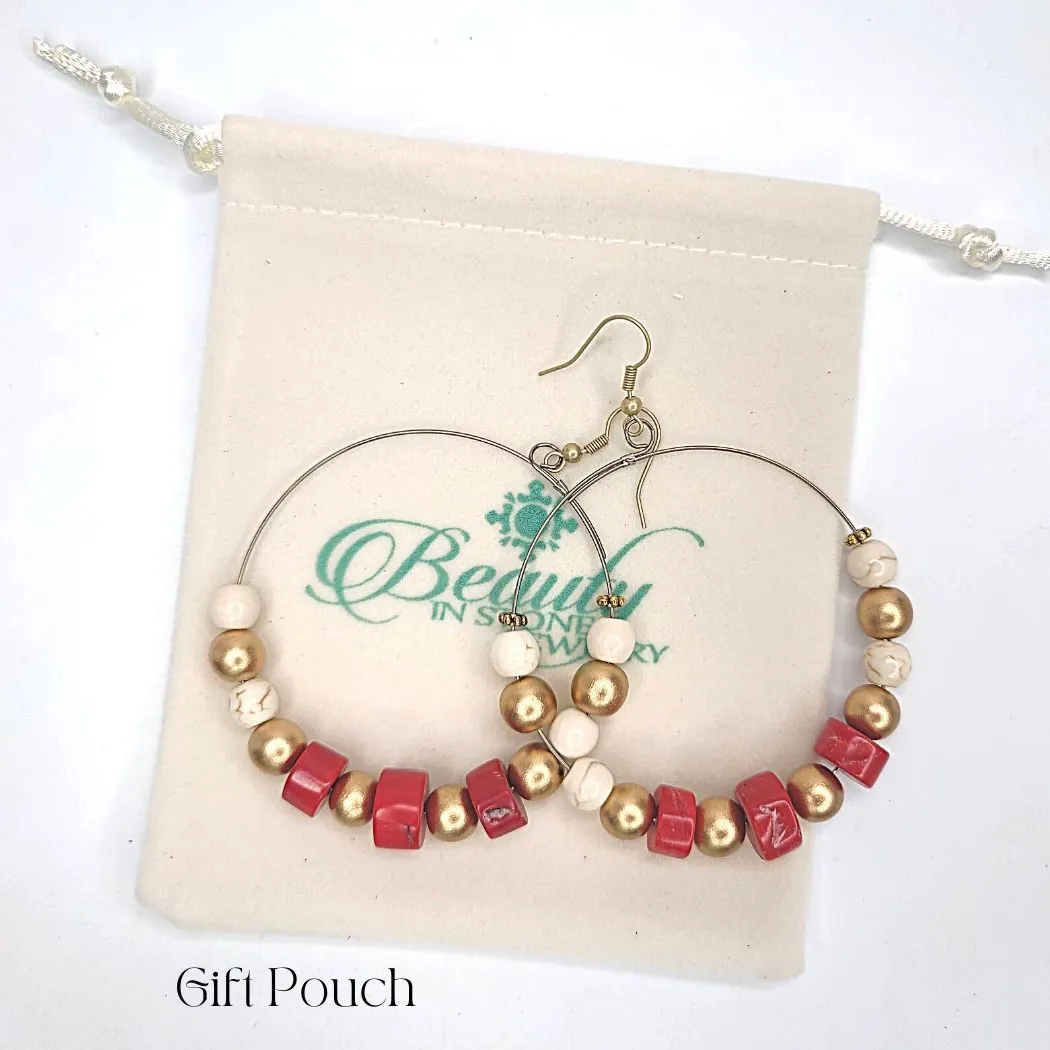Hoop Earrings Red Coral, Wood, Howlite