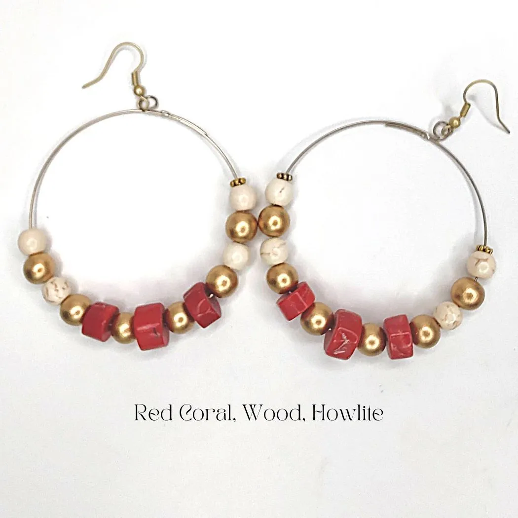 Hoop Earrings Red Coral, Wood, Howlite