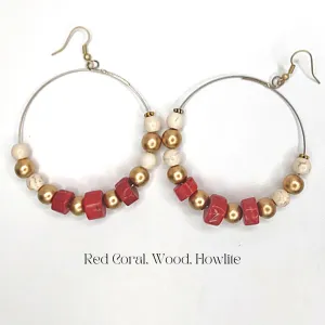 Hoop Earrings Red Coral, Wood, Howlite