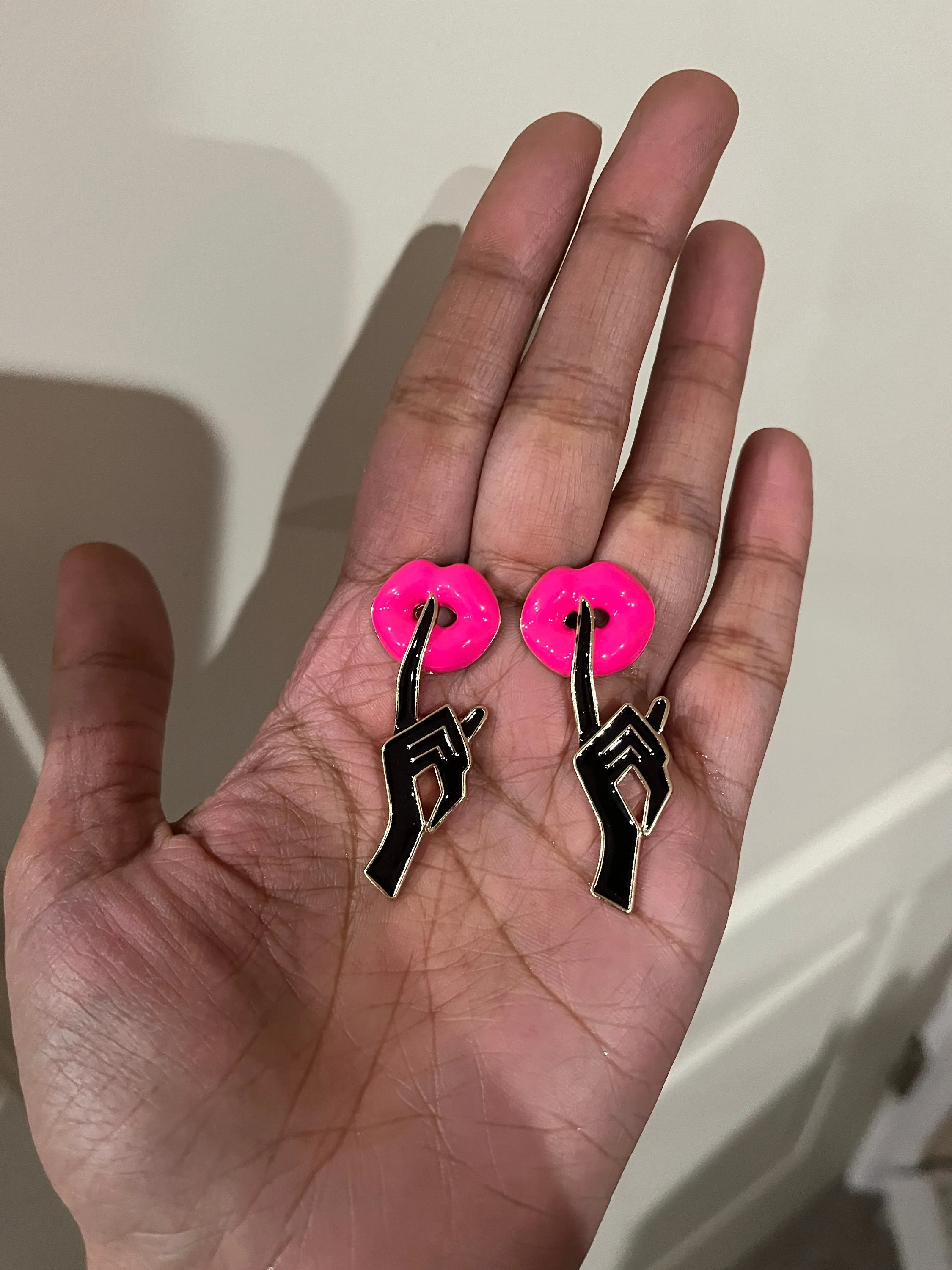 Hot pink stud earrings , big  statement large hot pink black shhh stud earrings ,  neon pink studs , chunky bright pink lips