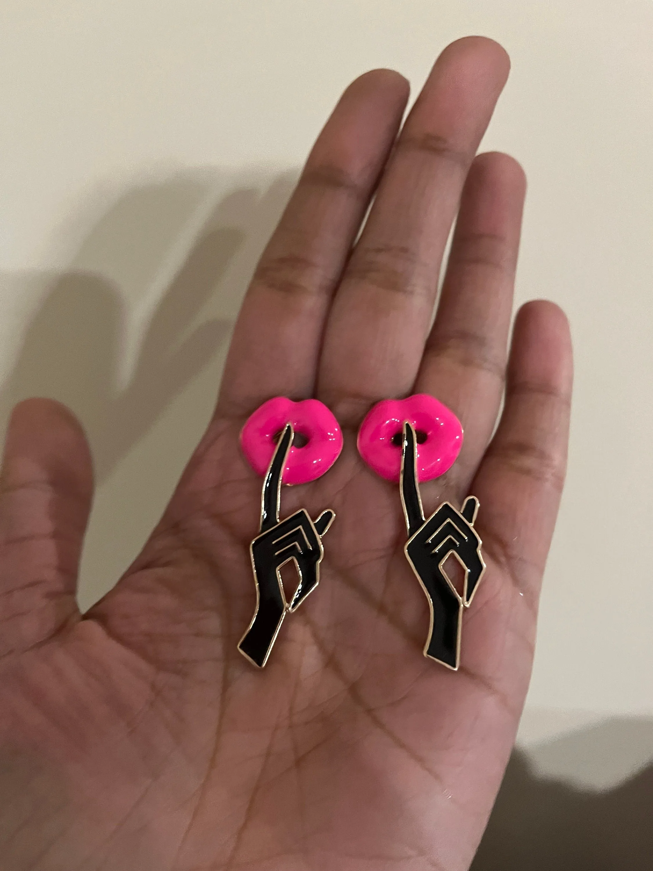 Hot pink stud earrings , big  statement large hot pink black shhh stud earrings ,  neon pink studs , chunky bright pink lips