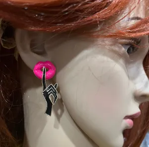 Hot pink stud earrings , big  statement large hot pink black shhh stud earrings ,  neon pink studs , chunky bright pink lips