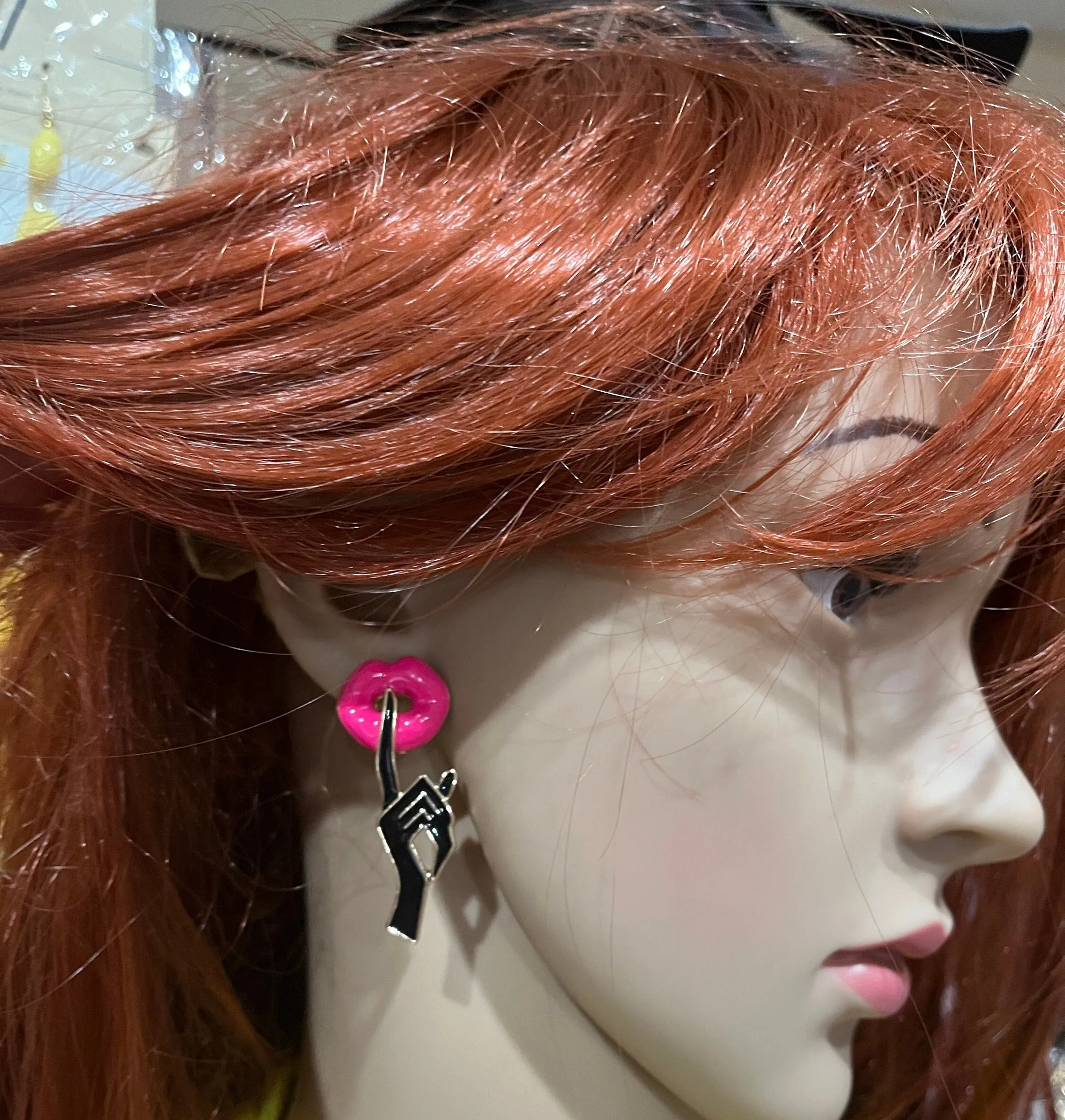 Hot pink stud earrings , big  statement large hot pink black shhh stud earrings ,  neon pink studs , chunky bright pink lips