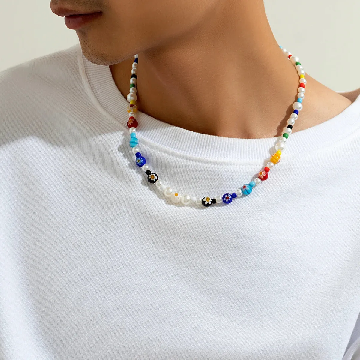 Imitation Pearl and Colorful Beads Short Choker Necklace for Men Trendy Beaded Chains