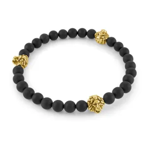 Italgem Stainless Steel Gold Plated Lion Heads and Matte Black Onyx Beaded Stretch Bracelet
