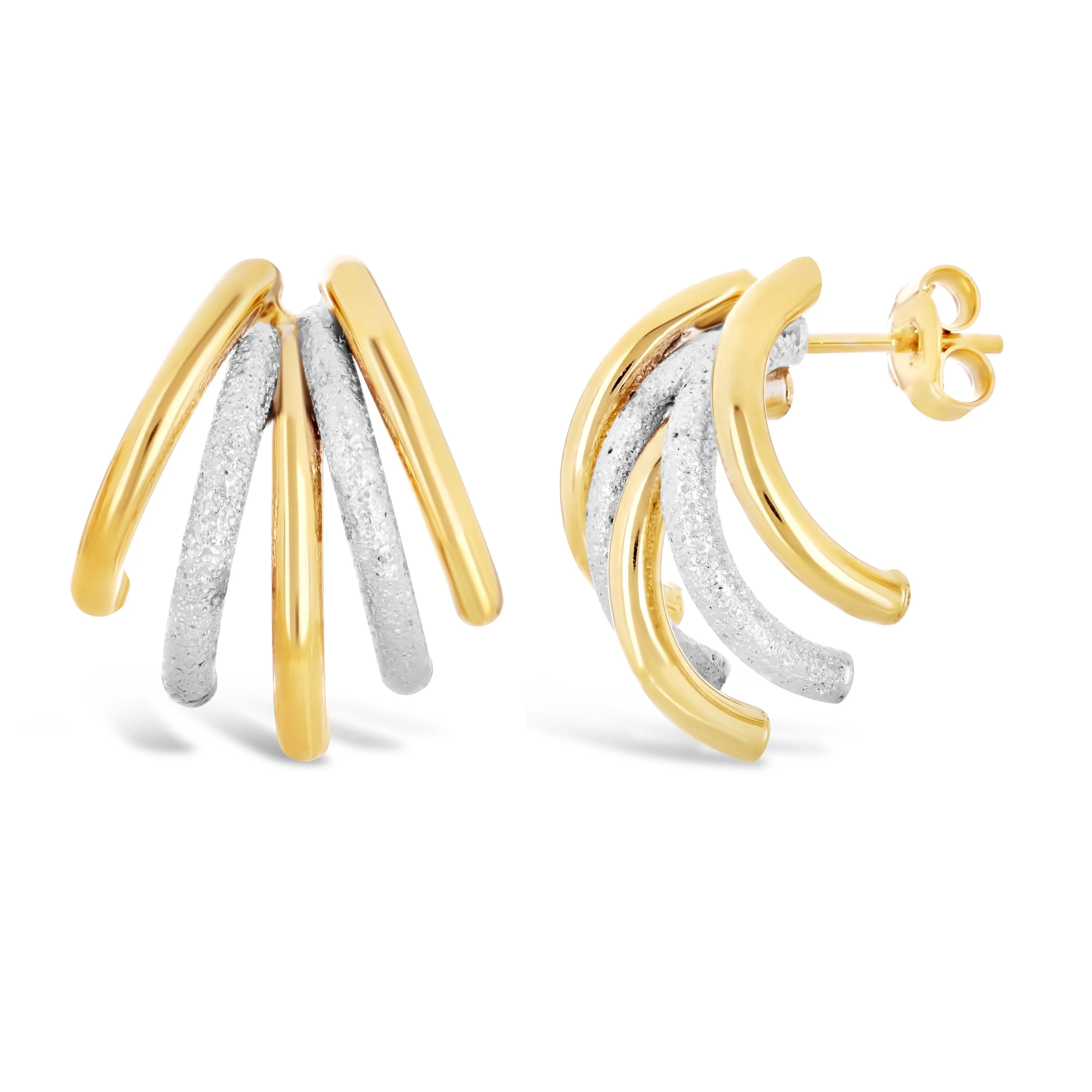 Italian 14k Yellow or White Gold Macaroni Link Cuffed Quarter Hoop Stud Earrings