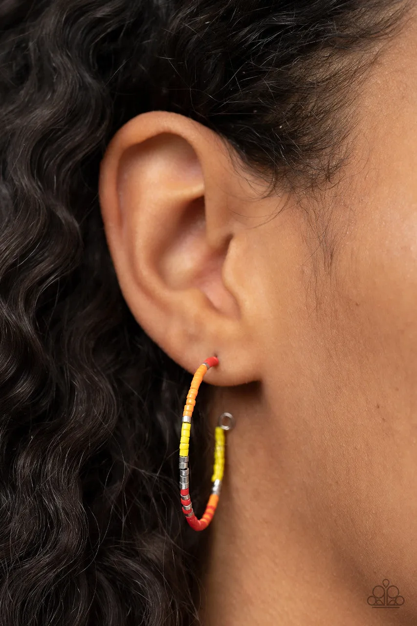 Joshua Tree Tourist - Multi - Red Orange Yellow Seed Bead Silver Paparazzi Hoop Earrings