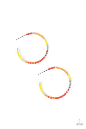 Joshua Tree Tourist - Multi - Red Orange Yellow Seed Bead Silver Paparazzi Hoop Earrings