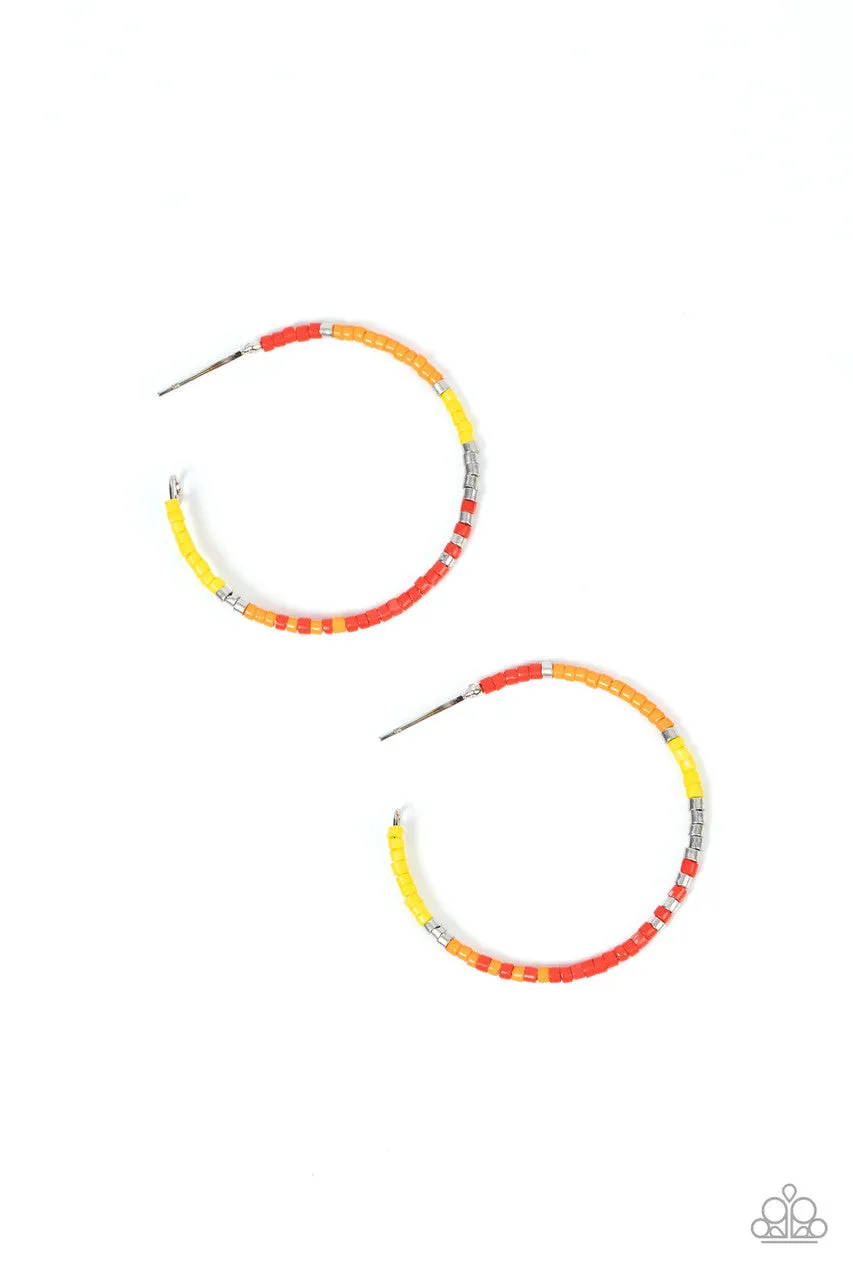 Joshua Tree Tourist - Multi - Red Orange Yellow Seed Bead Silver Paparazzi Hoop Earrings