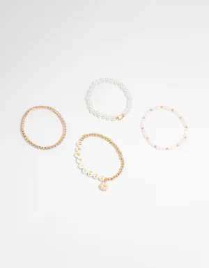 Kids Gold Happy Beaded Dainty Stretch Bracelets 4-Pack