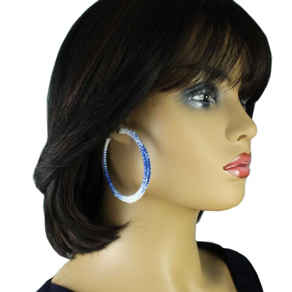 Large Blue and White Hoop Crochet Pierced Earring - STXE03