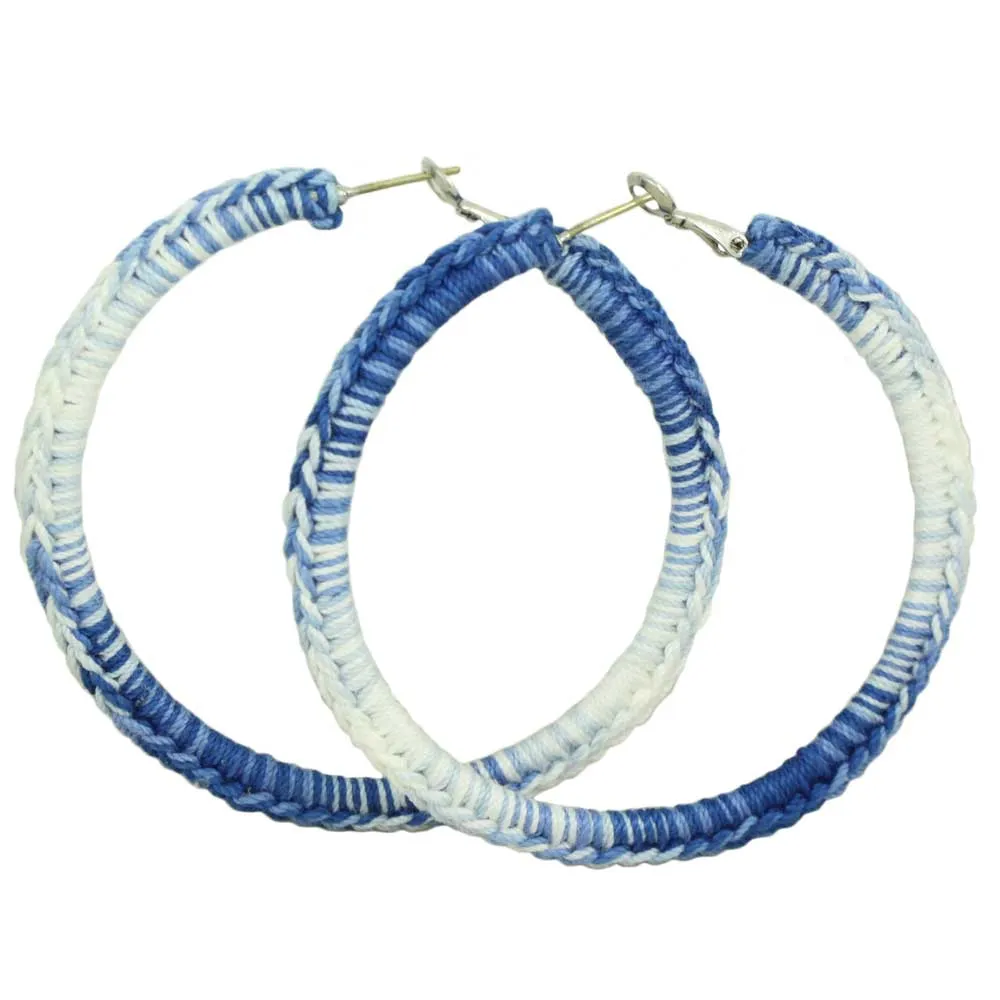 Large Blue and White Hoop Crochet Pierced Earring - STXE03