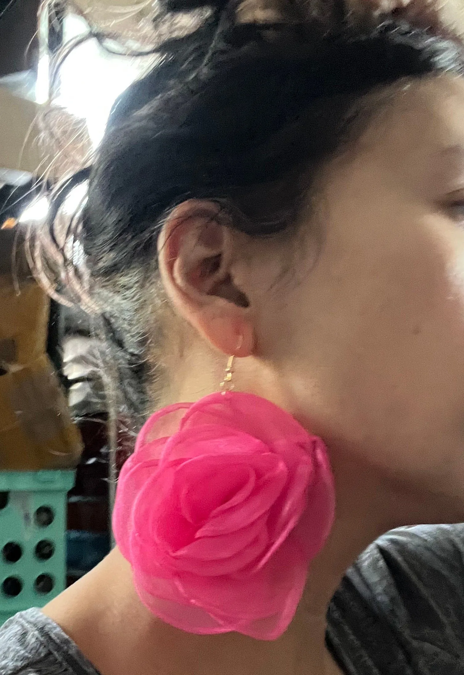 Large fuchsia flower earrings , pink flower earrings , hook fuchsia fabric  earrings , fuchsia petal earrings , chunky pink  statement