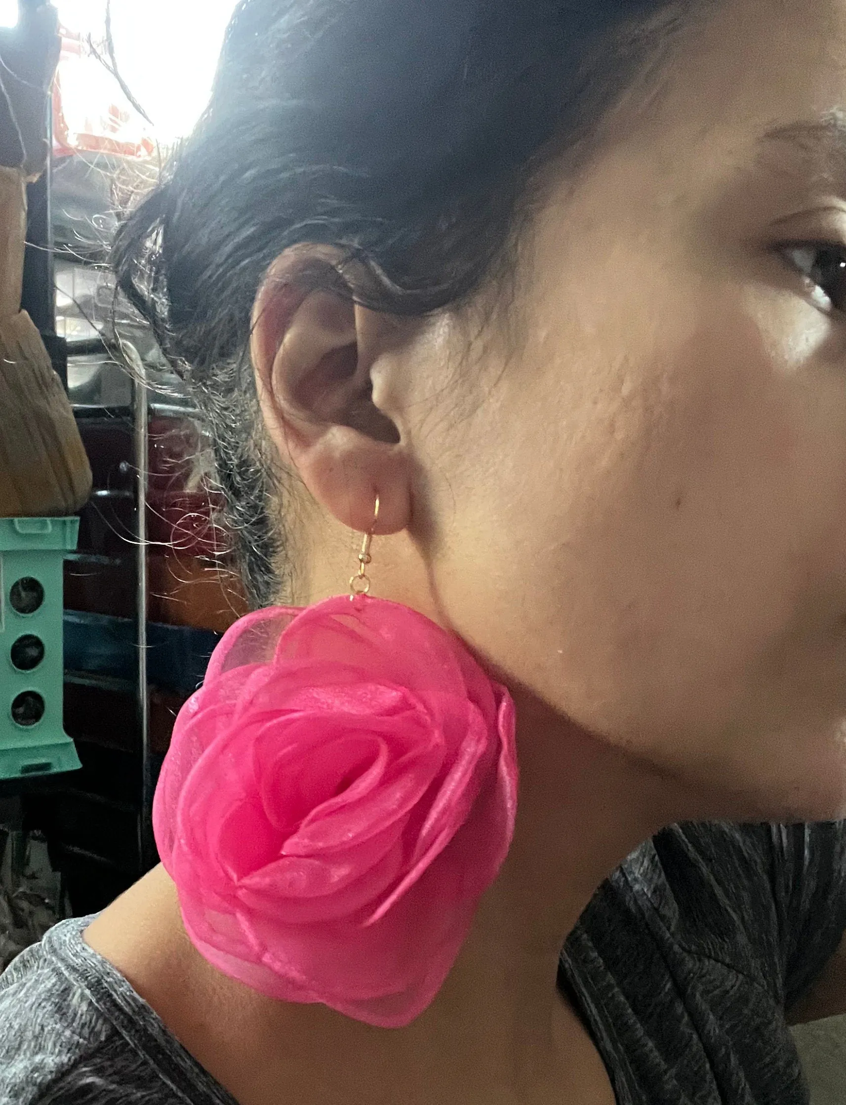 Large fuchsia flower earrings , pink flower earrings , hook fuchsia fabric  earrings , fuchsia petal earrings , chunky pink  statement