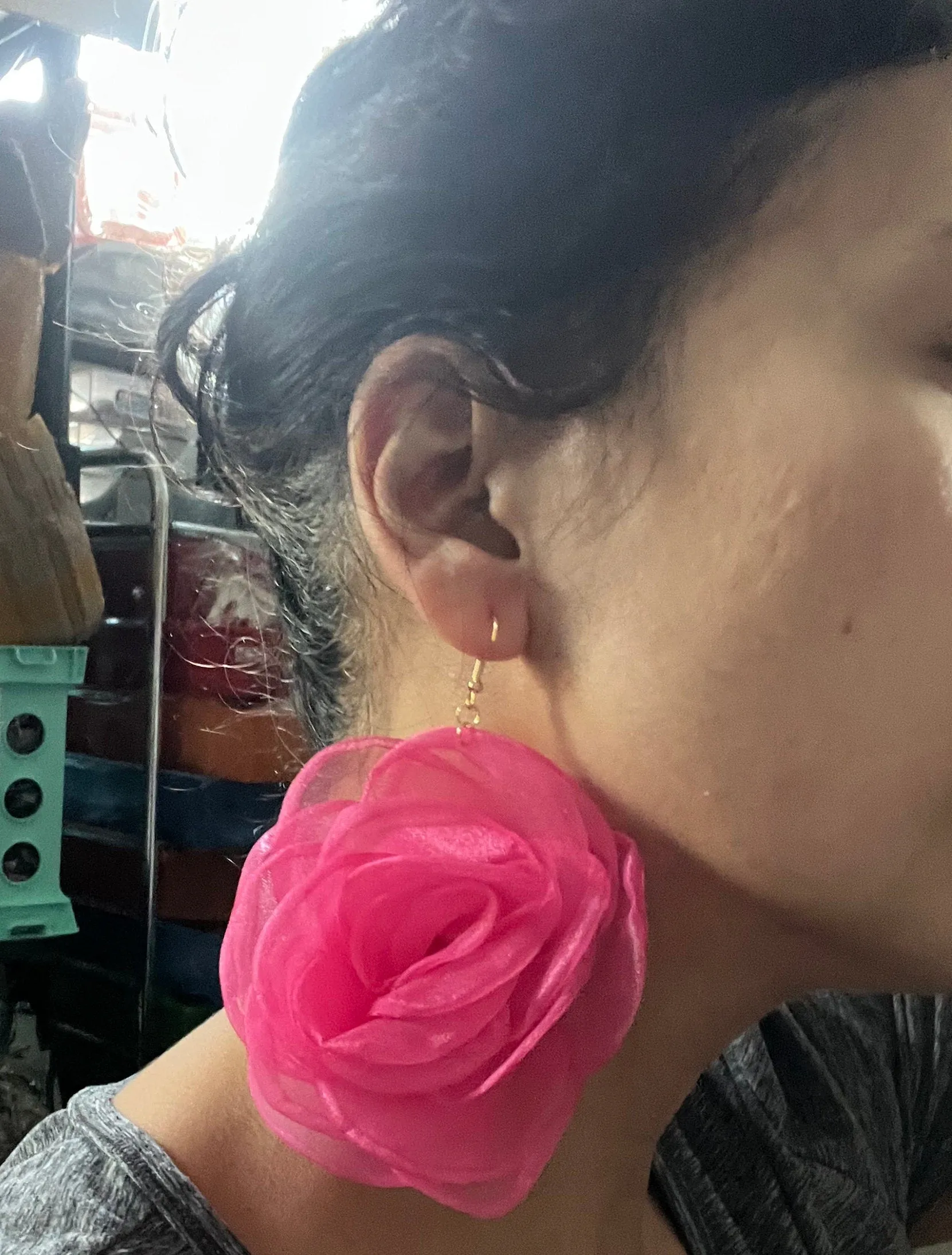 Large fuchsia flower earrings , pink flower earrings , hook fuchsia fabric  earrings , fuchsia petal earrings , chunky pink  statement