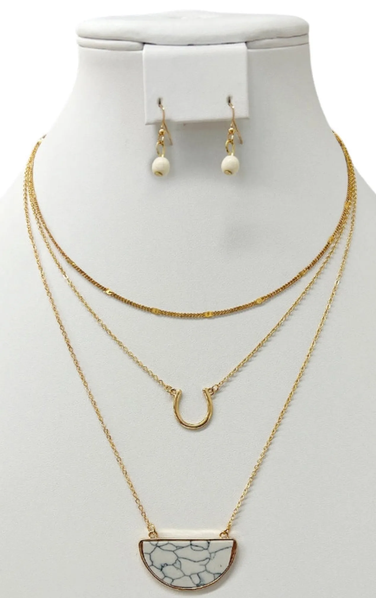 Layered Half Gem Pendant Necklace Set