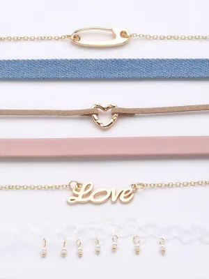 Letter Love & Heart Detail Choker Set 6pcs