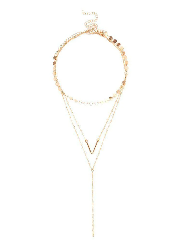 Letter V & Sequin Detail Layered Chain Necklace