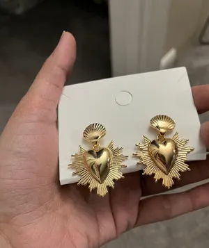Long gold earrings ,big gold heart earrings , gold statement earrings chunky bold  , big gold earrings , large gold earrings
