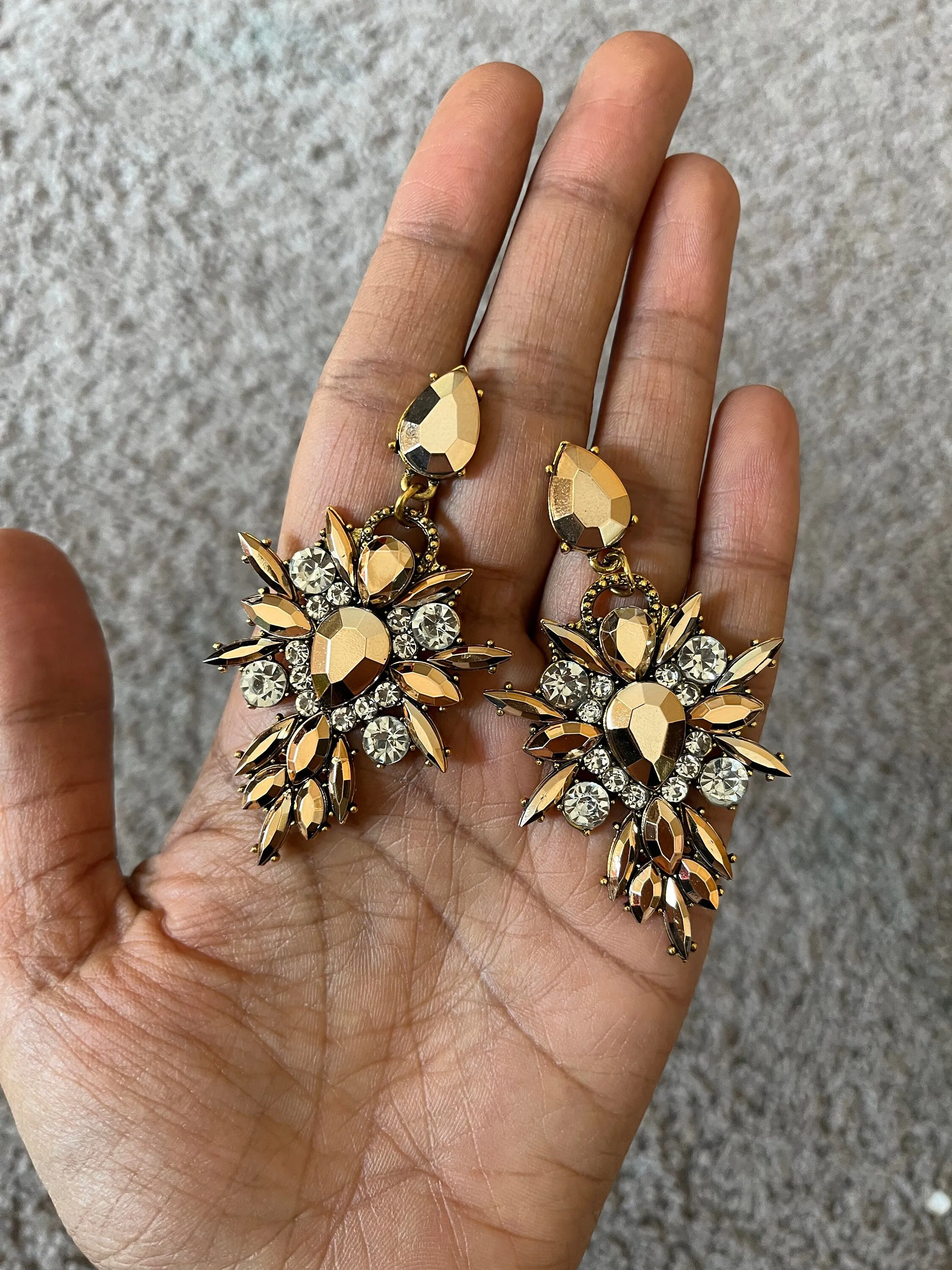 Long gold rhinestone earrings , gold acrylic earrings , gold chandelier earring , gold statement earrings , chunky gold copper  pierced