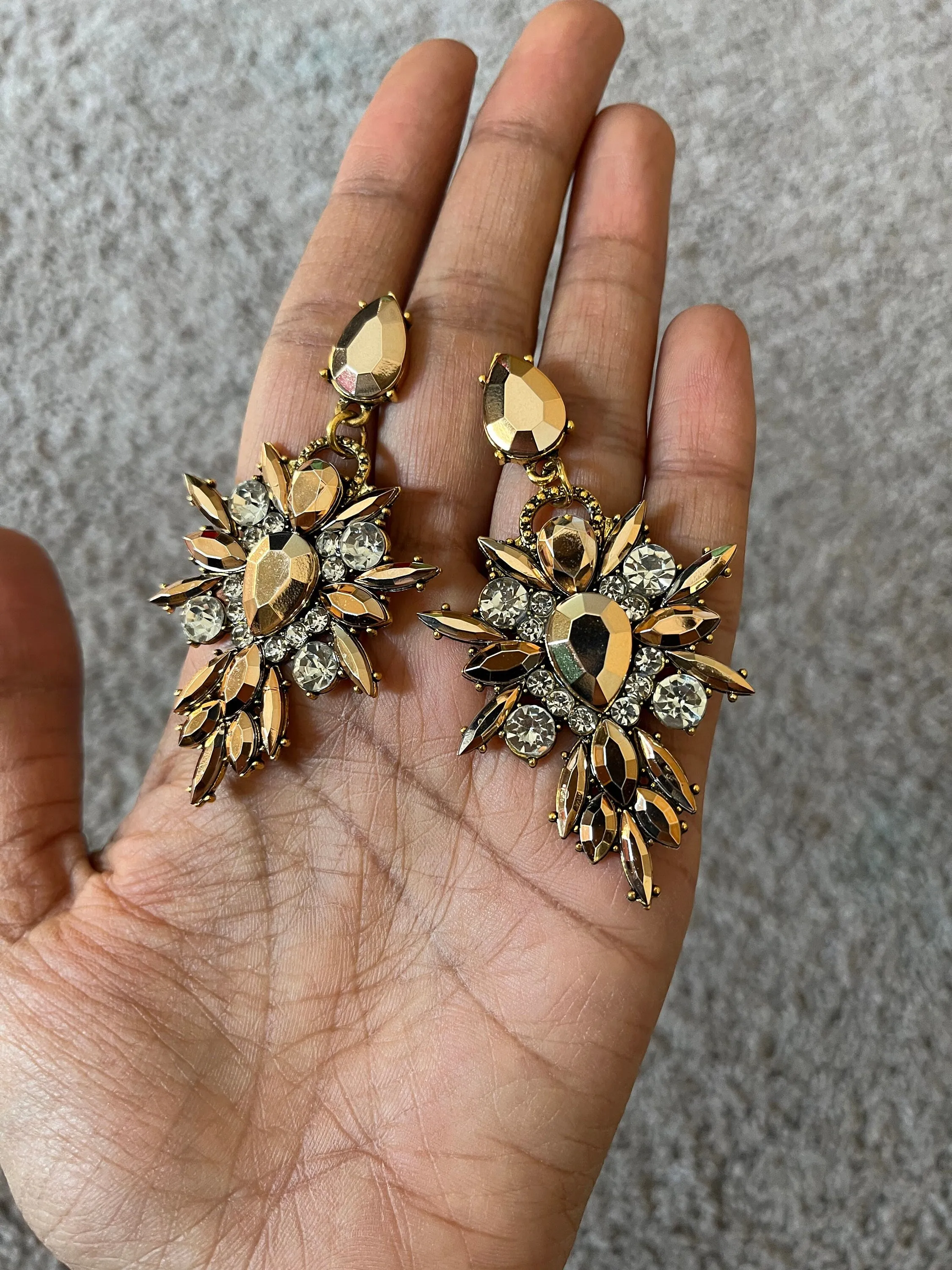 Long gold rhinestone earrings , gold acrylic earrings , gold chandelier earring , gold statement earrings , chunky gold copper  pierced