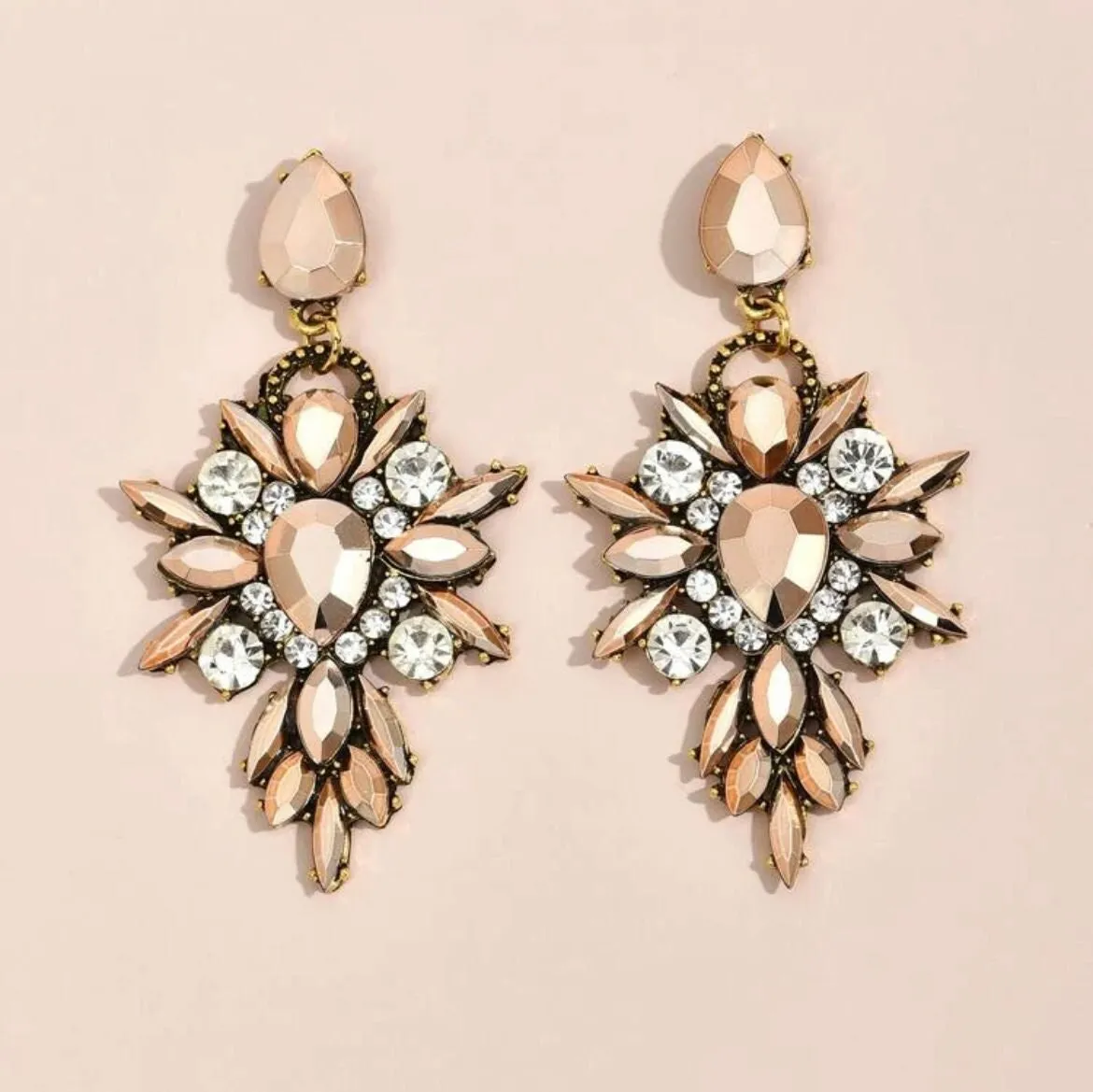 Long gold rhinestone earrings , gold acrylic earrings , gold chandelier earring , gold statement earrings , chunky gold copper  pierced